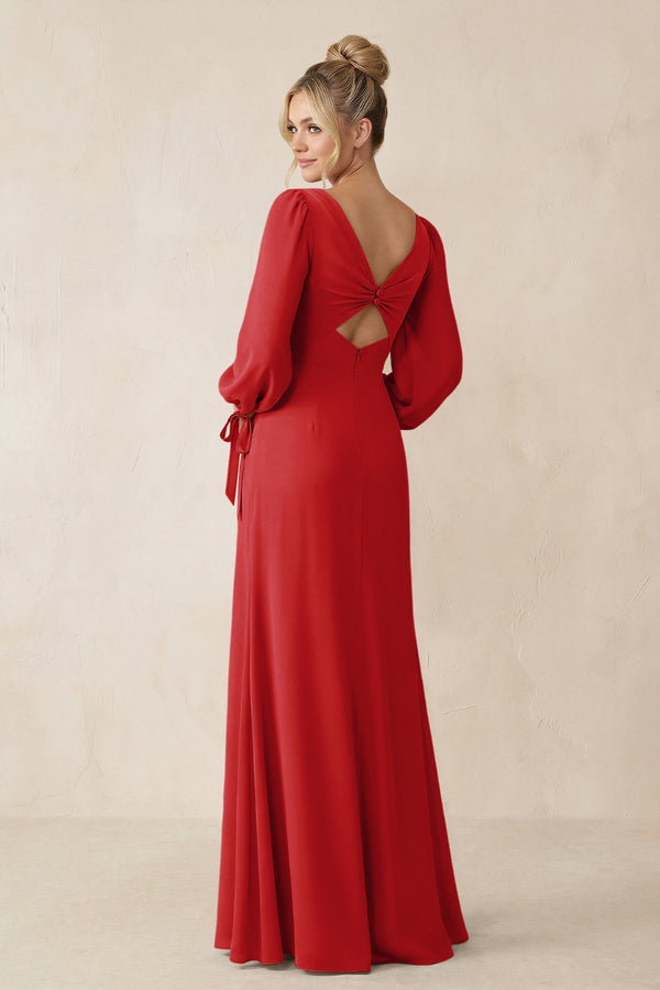 Square Neck Long Sleeve Sheath Chiffon Bridesmaid Dress in Ruby Red - KissProm Bridesmaid Dresses