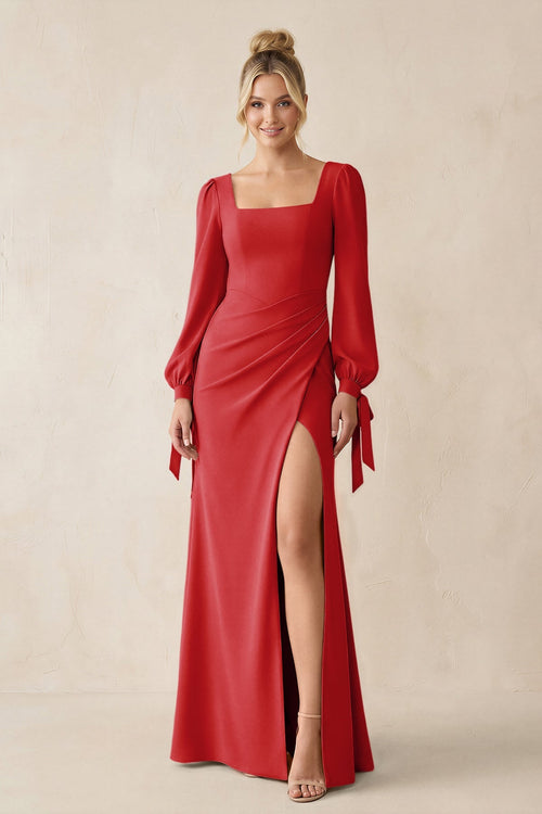 Square Neck Long Sleeve Sheath Chiffon Bridesmaid Dress in Ruby Red - KissProm Bridesmaid Dresses