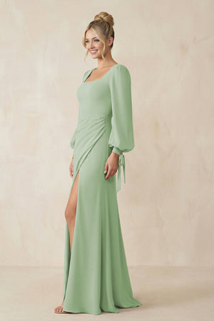 Square Neck Long Sleeve Sheath Chiffon Bridesmaid Dress in Sage - KissProm Bridesmaid Dresses