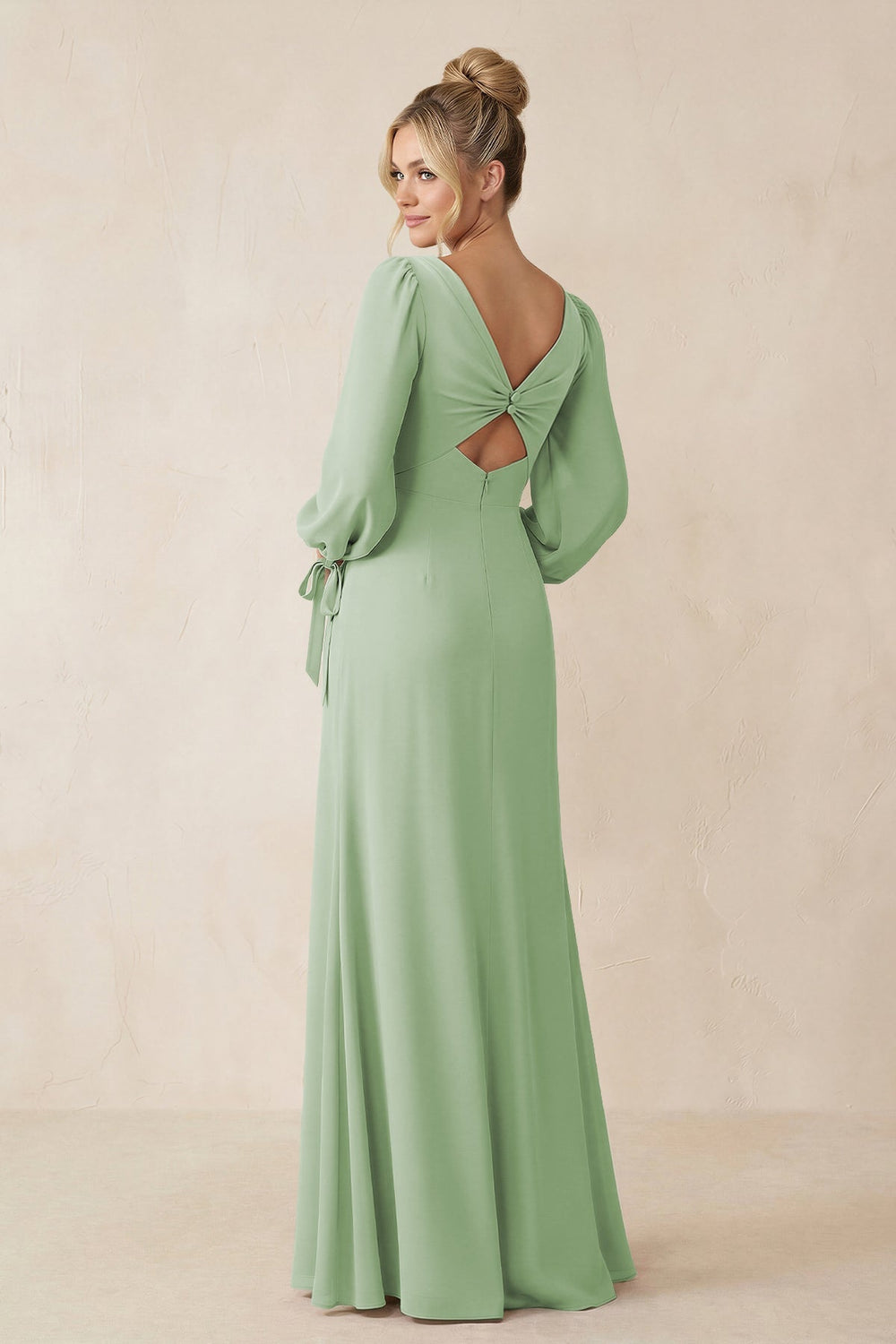 Square Neck Long Sleeve Sheath Chiffon Bridesmaid Dress in Sage - KissProm Bridesmaid Dresses