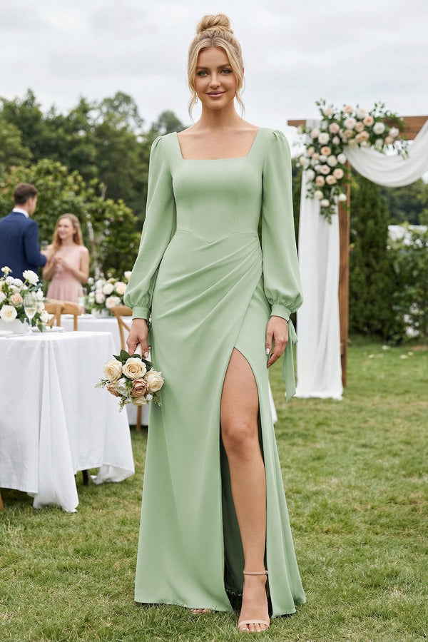 Square Neck Long Sleeve Sheath Chiffon Bridesmaid Dress in Sage - KissProm Bridesmaid Dresses