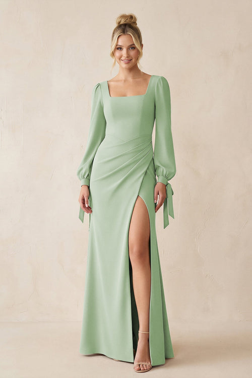 Square Neck Long Sleeve Sheath Chiffon Bridesmaid Dress in Sage - KissProm Bridesmaid Dresses