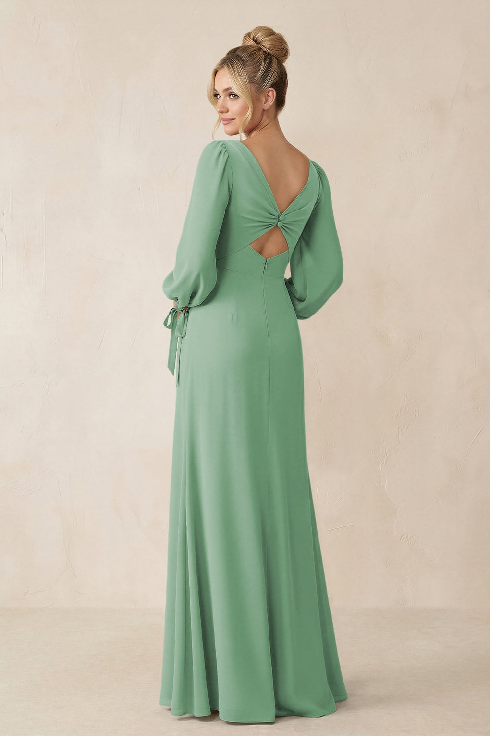 Square Neck Long Sleeve Sheath Chiffon Bridesmaid Dress in Sea Glass - KissProm Bridesmaid Dresses