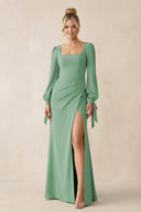Square Neck Long Sleeve Sheath Chiffon Bridesmaid Dress in Sea Glass - KissProm Bridesmaid Dresses