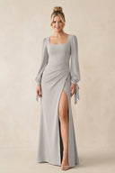 Square Neck Long Sleeve Sheath Chiffon Bridesmaid Dress in Silver - KissProm Bridesmaid Dresses
