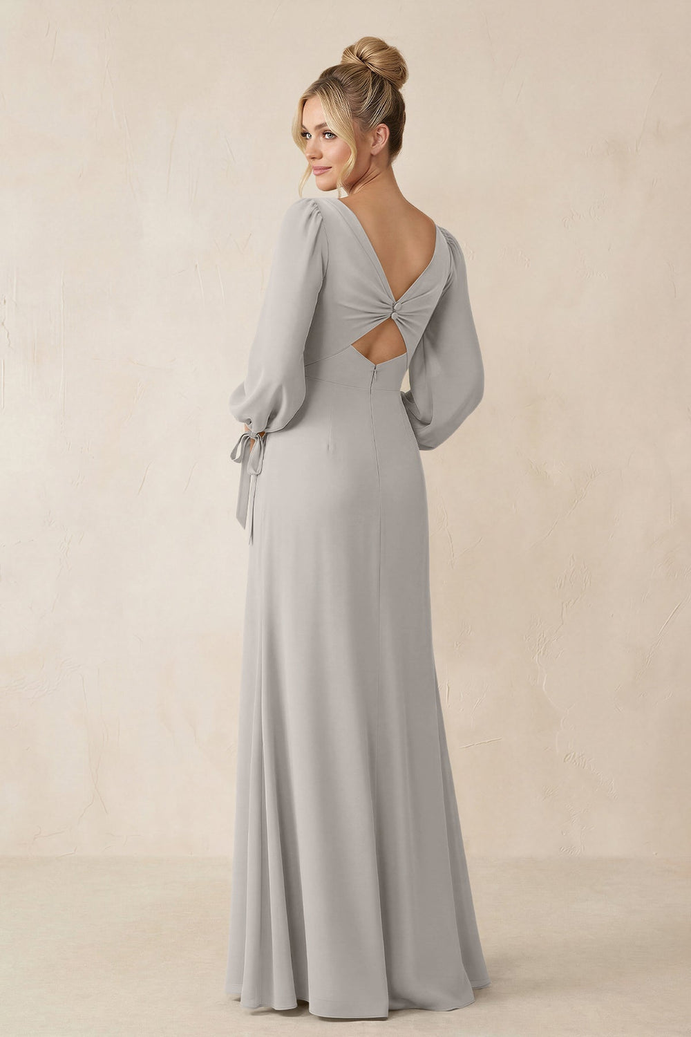 Square Neck Long Sleeve Sheath Chiffon Bridesmaid Dress in Silver - KissProm Bridesmaid Dresses