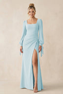 Square Neck Long Sleeve Sheath Chiffon Bridesmaid Dress in Sky Blue - KissProm Bridesmaid Dresses