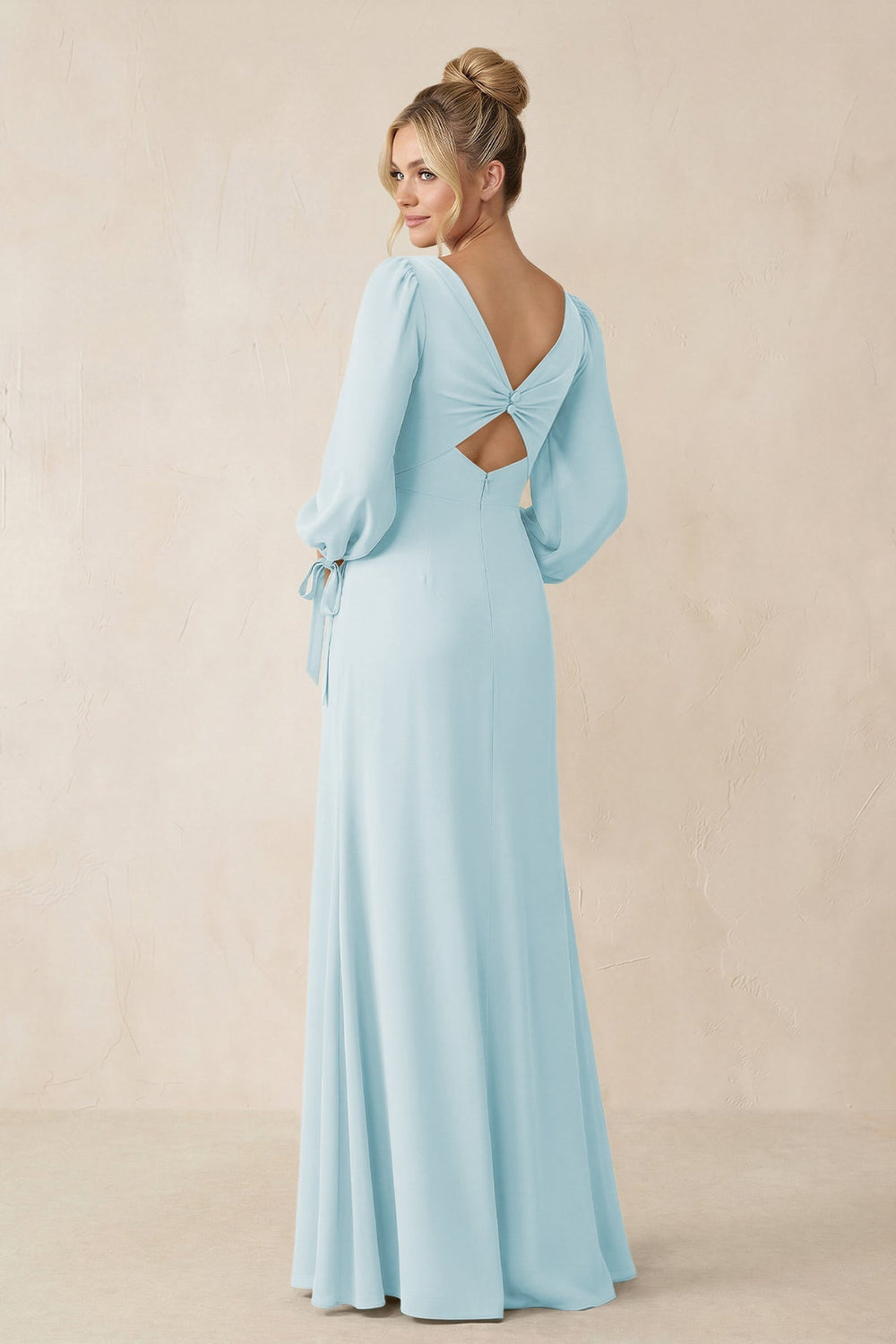 Square Neck Long Sleeve Sheath Chiffon Bridesmaid Dress in Sky Blue - KissProm Bridesmaid Dresses