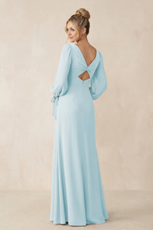 Square Neck Long Sleeve Sheath Chiffon Bridesmaid Dress in Sky Blue - KissProm Bridesmaid Dresses