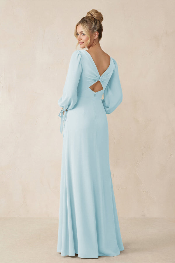 Square Neck Long Sleeve Sheath Chiffon Bridesmaid Dress in Sky Blue - KissProm Bridesmaid Dresses