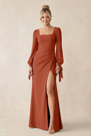 Square Neck Long Sleeve Sheath Chiffon Bridesmaid Dress in Spice - KissProm Bridesmaid Dresses