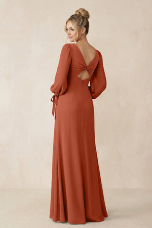 Square Neck Long Sleeve Sheath Chiffon Bridesmaid Dress in Spice - KissProm Bridesmaid Dresses