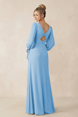 Square Neck Long Sleeve Sheath Chiffon Bridesmaid Dress in Steel Blue - KissProm Bridesmaid Dresses