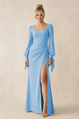 Square Neck Long Sleeve Sheath Chiffon Bridesmaid Dress in Steel Blue - KissProm Bridesmaid Dresses