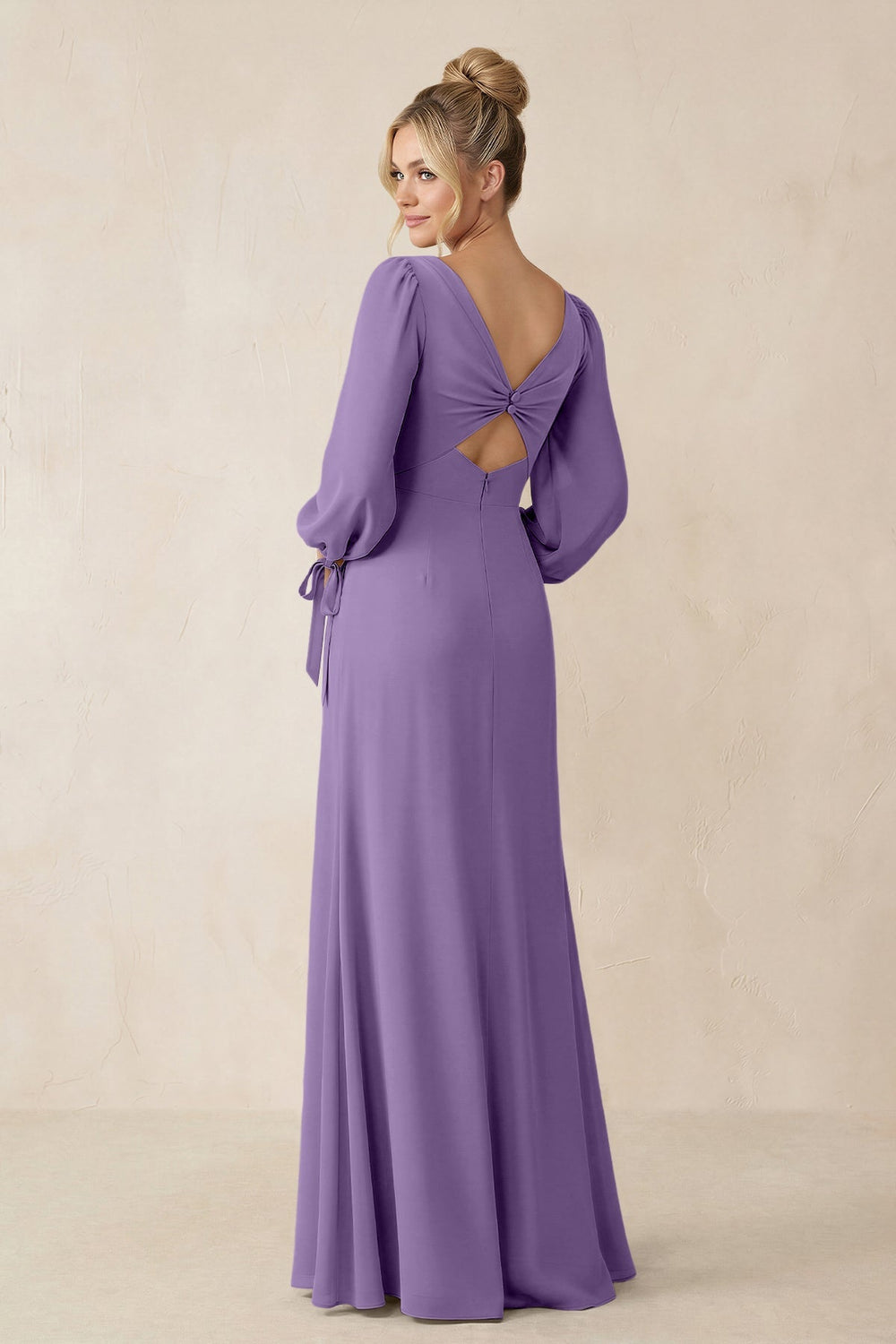 Square Neck Long Sleeve Sheath Chiffon Bridesmaid Dress in Tahiti - KissProm Bridesmaid Dresses