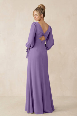 Square Neck Long Sleeve Sheath Chiffon Bridesmaid Dress in Tahiti - KissProm Bridesmaid Dresses