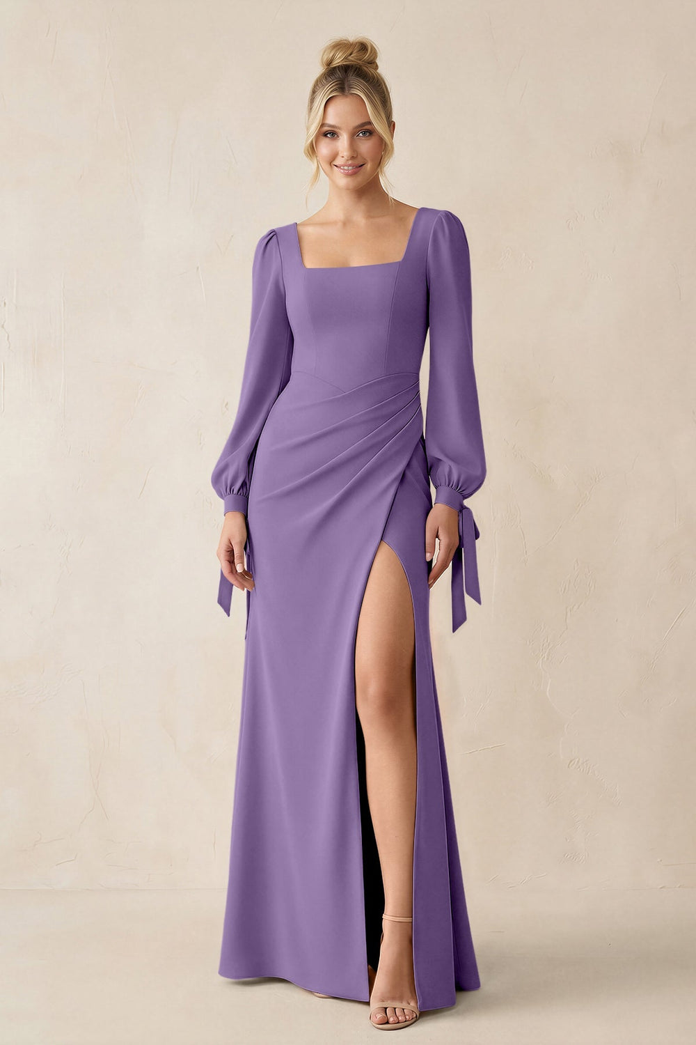Square Neck Long Sleeve Sheath Chiffon Bridesmaid Dress in Tahiti - KissProm Bridesmaid Dresses