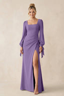 Square Neck Long Sleeve Sheath Chiffon Bridesmaid Dress in Tahiti - KissProm Bridesmaid Dresses