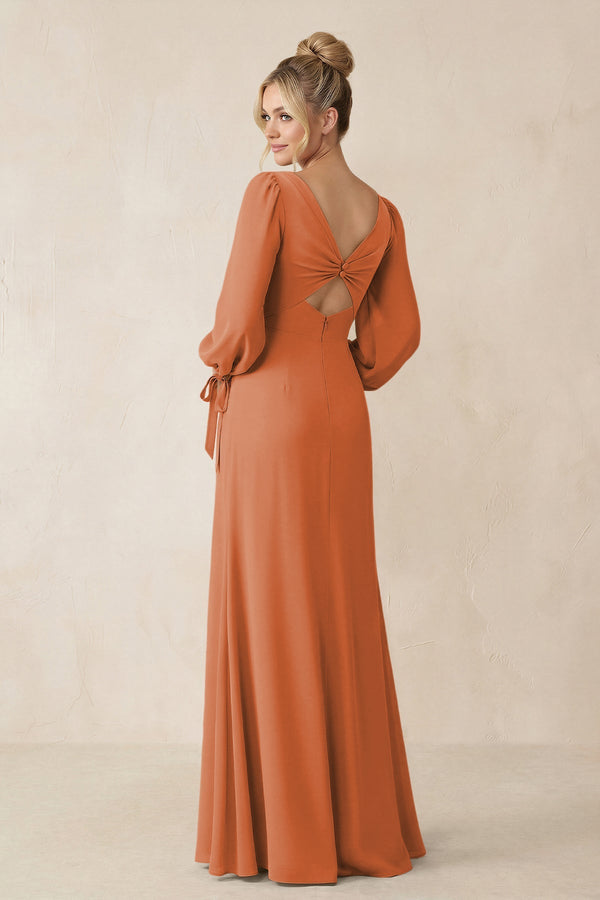 Square Neck Long Sleeve Sheath Chiffon Bridesmaid Dress in Terracotta - KissProm Bridesmaid Dresses