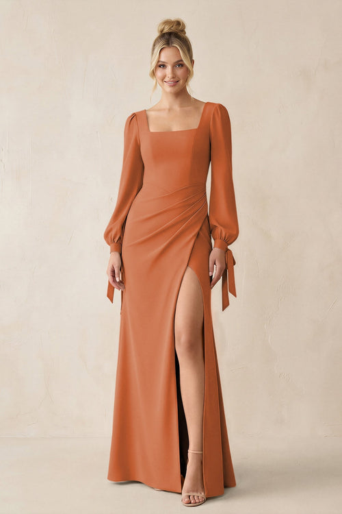 Square Neck Long Sleeve Sheath Chiffon Bridesmaid Dress in Terracotta - KissProm Bridesmaid Dresses