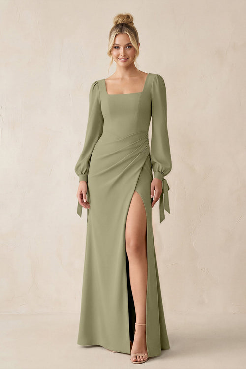 Square Neck Long Sleeve Sheath Chiffon Bridesmaid Dress in Thyme - KissProm Bridesmaid Dresses