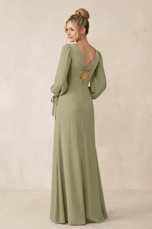 Square Neck Long Sleeve Sheath Chiffon Bridesmaid Dress in Thyme - KissProm Bridesmaid Dresses