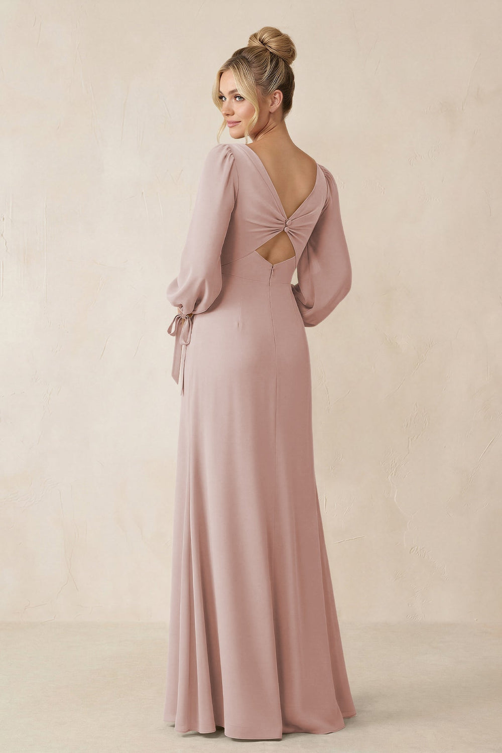 Square Neck Long Sleeve Sheath Chiffon Bridesmaid Dress in Toffee - KissProm Bridesmaid Dresses