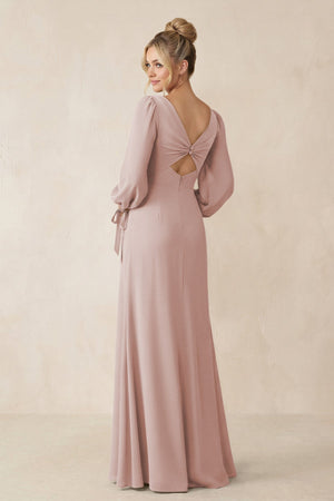 Square Neck Long Sleeve Sheath Chiffon Bridesmaid Dress in Toffee - KissProm Bridesmaid Dresses
