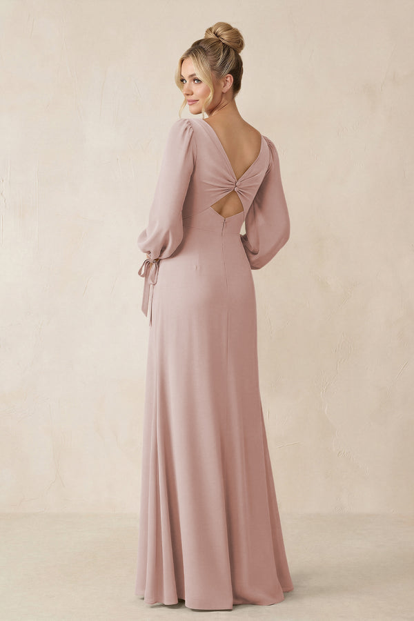 Square Neck Long Sleeve Sheath Chiffon Bridesmaid Dress in Toffee - KissProm Bridesmaid Dresses