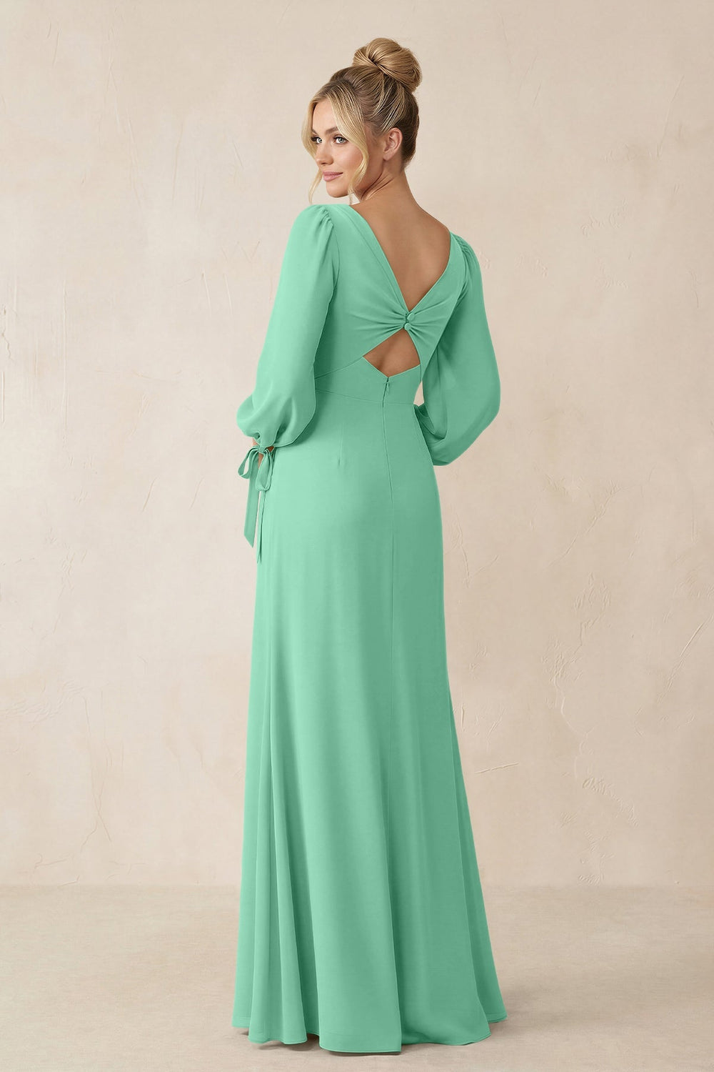Square Neck Long Sleeve Sheath Chiffon Bridesmaid Dress in Turquoise - KissProm Bridesmaid Dresses