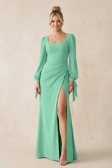 Square Neck Long Sleeve Sheath Chiffon Bridesmaid Dress in Turquoise - KissProm Bridesmaid Dresses