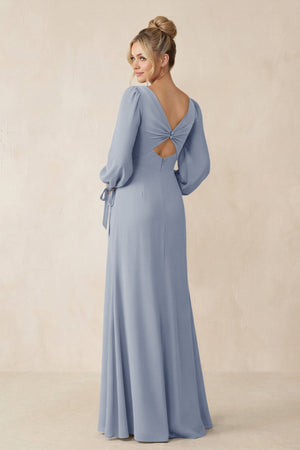 Square Neck Long Sleeve Sheath Chiffon Bridesmaid Dress in Twilight - KissProm Bridesmaid Dresses