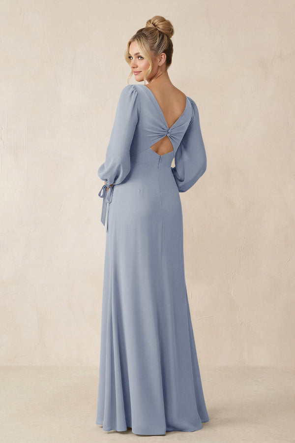 square neck long sleeve bridesmaid dress A-Line Chiffon Bridesmaid Dresses with Square Neckline and Long Sleeve
