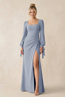 Square Neck Long Sleeve Sheath Chiffon Bridesmaid Dress in Twilight - KissProm Bridesmaid Dresses