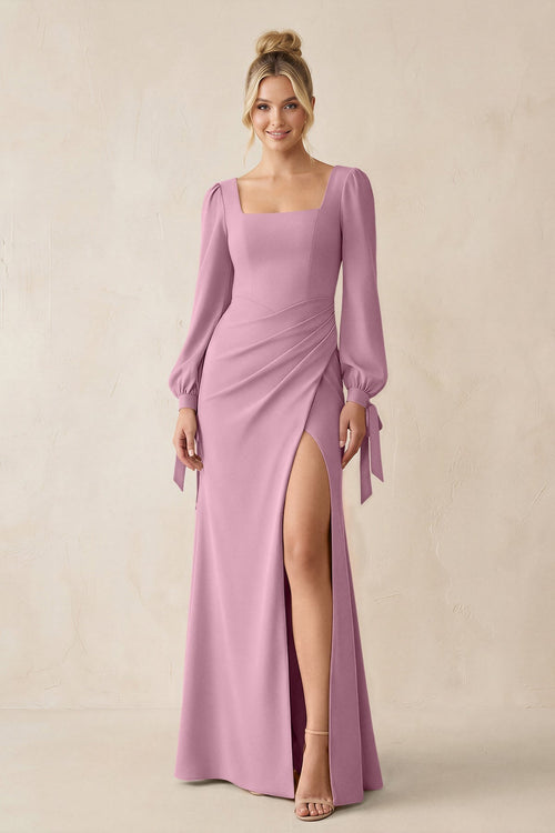 Square Neck Long Sleeve Sheath Chiffon Bridesmaid Dress in Vintage Mauve