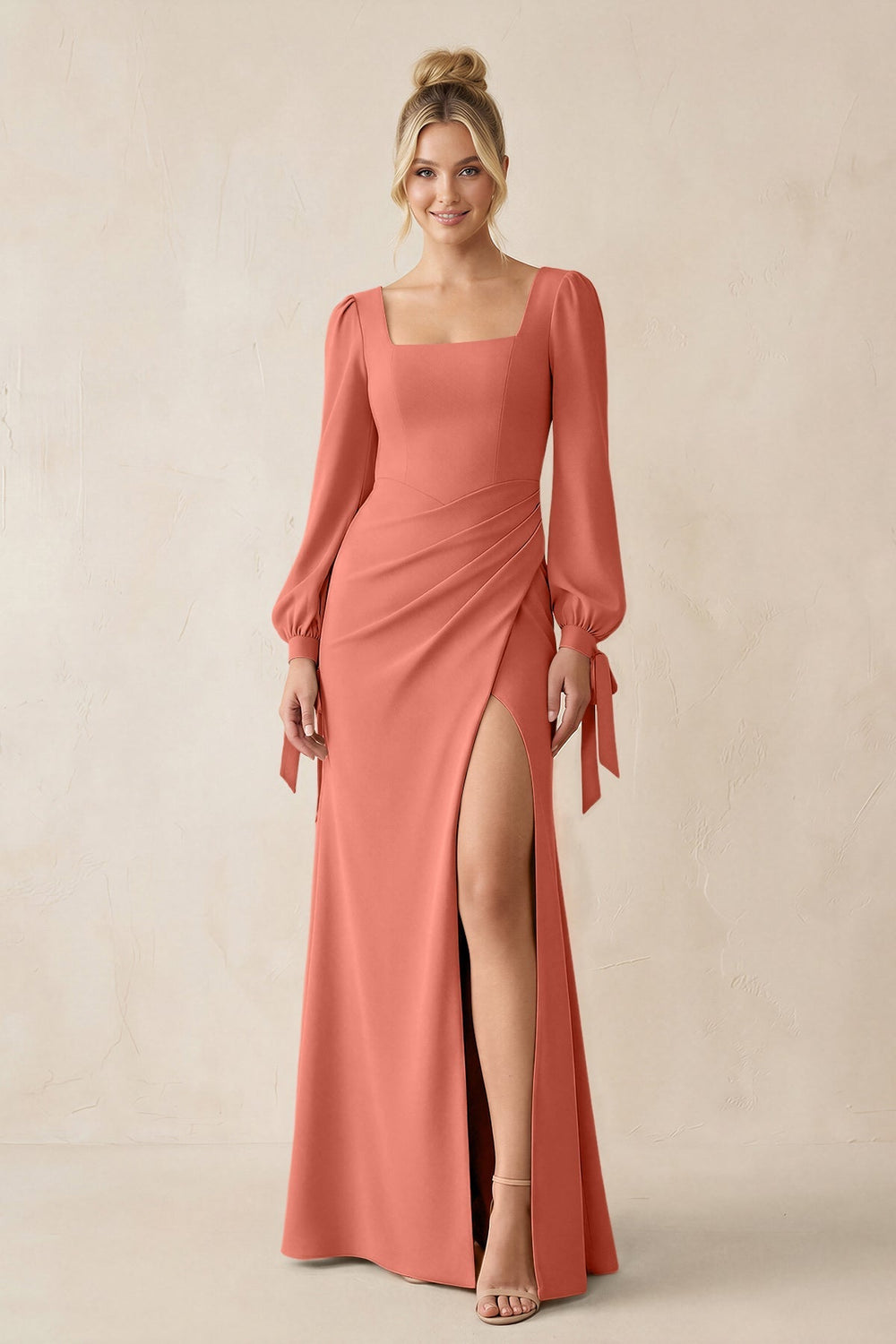 Square Neck Long Sleeve Sheath Chiffon Bridesmaid Dress in Wild Rose - KissProm Bridesmaid Dresses