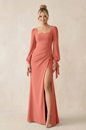 Square Neck Long Sleeve Sheath Chiffon Bridesmaid Dress in Wild Rose - KissProm Bridesmaid Dresses