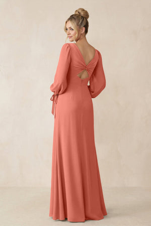 Square Neck Long Sleeve Sheath Chiffon Bridesmaid Dress in Wild Rose - KissProm Bridesmaid Dresses