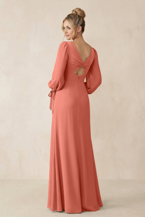 Square Neck Long Sleeve Sheath Chiffon Bridesmaid Dress in Wild Rose - KissProm Bridesmaid Dresses