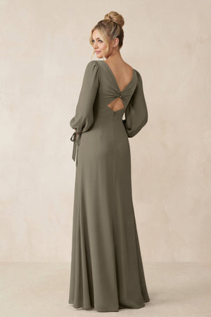 Square Neck Long Sleeve Sheath Chiffon Bridesmaid Dress in Willow Green - KissProm Bridesmaid Dresses