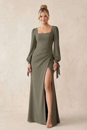 Square Neck Long Sleeve Sheath Chiffon Bridesmaid Dress in Willow Green - KissProm Bridesmaid Dresses