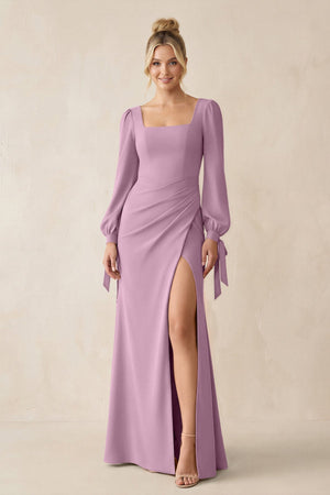 Square Neck Long Sleeve Sheath Chiffon Bridesmaid Dress in Wisteria - KissProm Bridesmaid Dresses