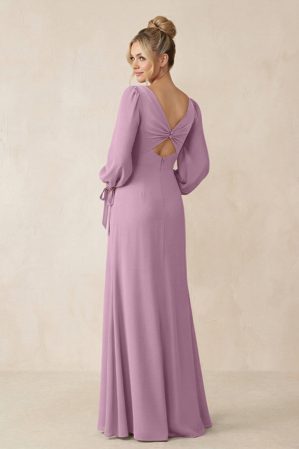Square Neck Long Sleeve Sheath Chiffon Bridesmaid Dress in Wisteria - KissProm Bridesmaid Dresses