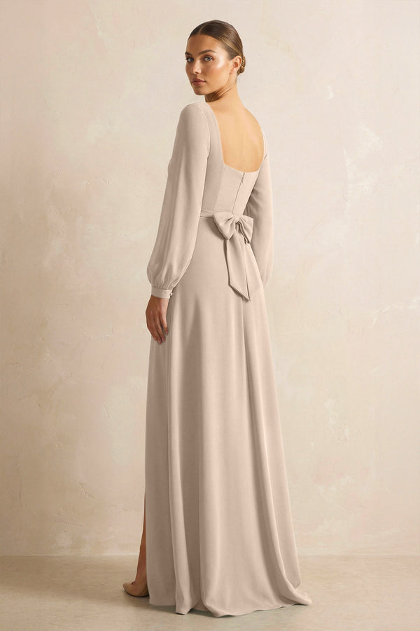 Square Neck Long Sleeves Chiffon Sheath Bridesmaid Dress in Almond - KissProm Bridesmaid Dresses
