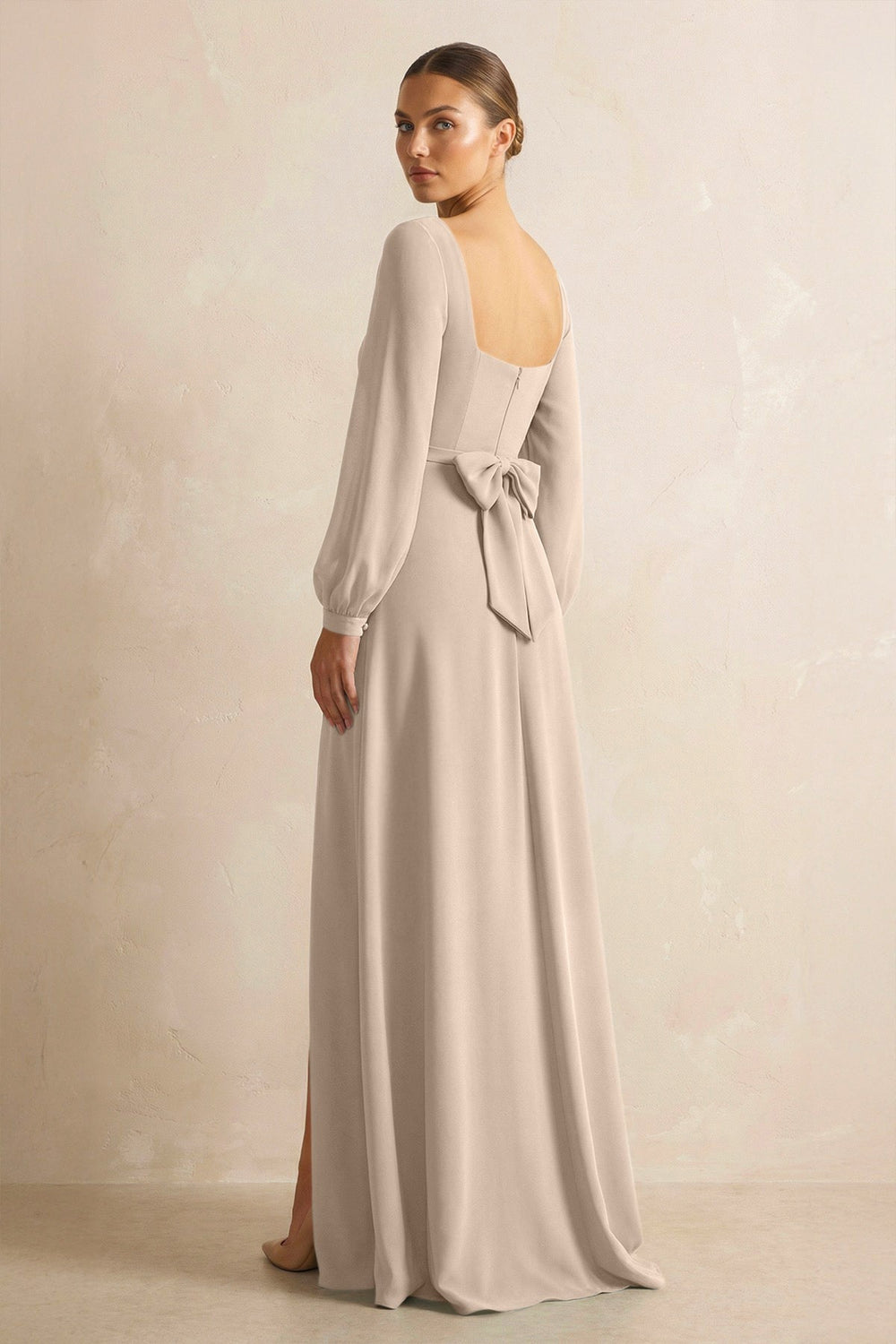 Square Neck Long Sleeves Chiffon Sheath Bridesmaid Dress in Almond - KissProm Bridesmaid Dresses