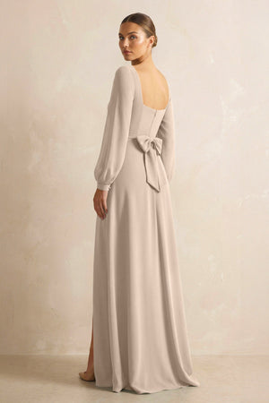 Square Neck Long Sleeves Chiffon Sheath Bridesmaid Dress in Almond - KissProm Bridesmaid Dresses