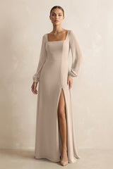 Square Neck Long Sleeves Chiffon Sheath Bridesmaid Dress in Almond - KissProm Bridesmaid Dresses