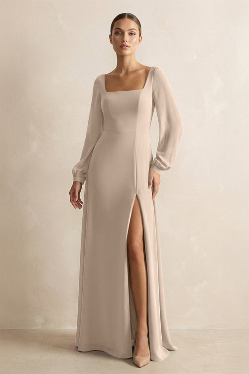 Square Neck Long Sleeves Chiffon Sheath Bridesmaid Dress in Almond - KissProm Bridesmaid Dresses