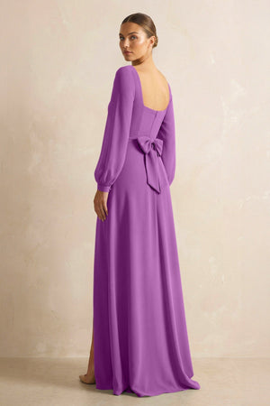 Square Neck Long Sleeves Chiffon Sheath Bridesmaid Dress in Amethyst - KissProm Bridesmaid Dresses