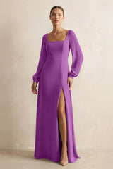 Square Neck Long Sleeves Chiffon Sheath Bridesmaid Dress in Amethyst - KissProm Bridesmaid Dresses
